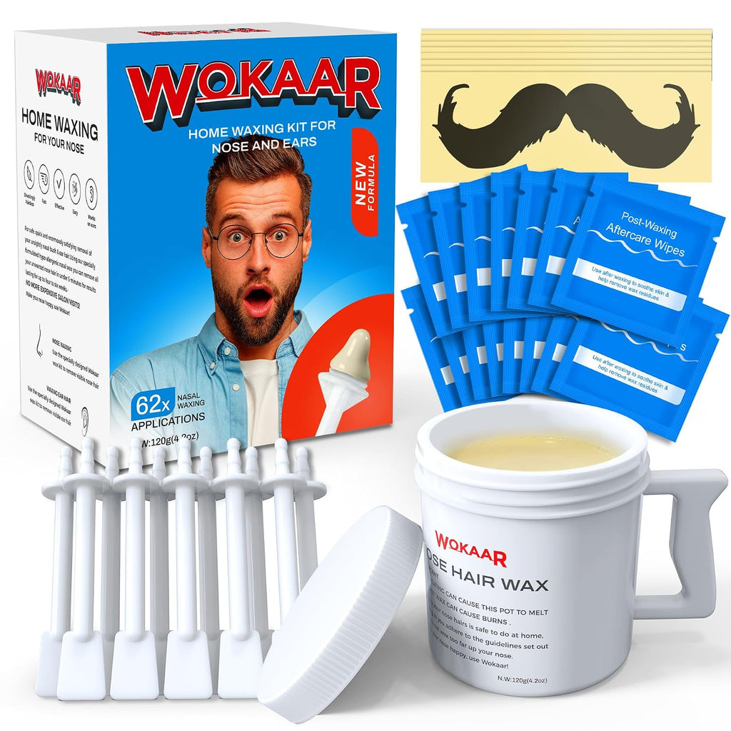 Kit de depilación nasal Wokaar Max Value | 120 g de cera, 30 aplicadores | Depilación indolora de vello nasal y de las orejas para hombres y mujeres | Incluye 15 toallitas de bálsamo y 10 protectores de bigote | Dura hasta 6 semanas
