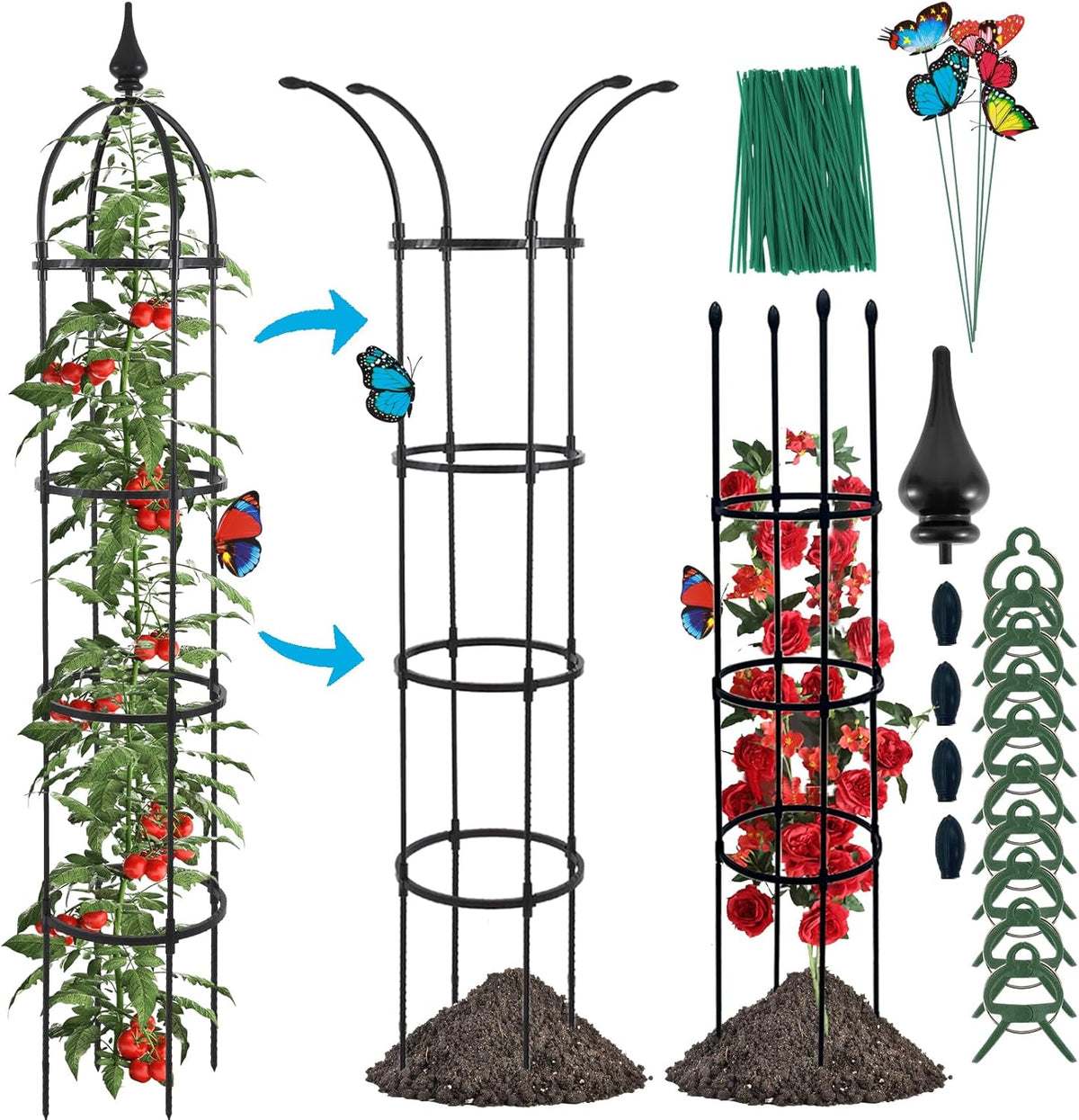 WellSign Enrejado Obelisco de Jardín para Plantas Trepadoras Exterior, Altura 2m, Soporte Metálico Anticorrosivo con Cinta Retorcida para Tomate, Pepino