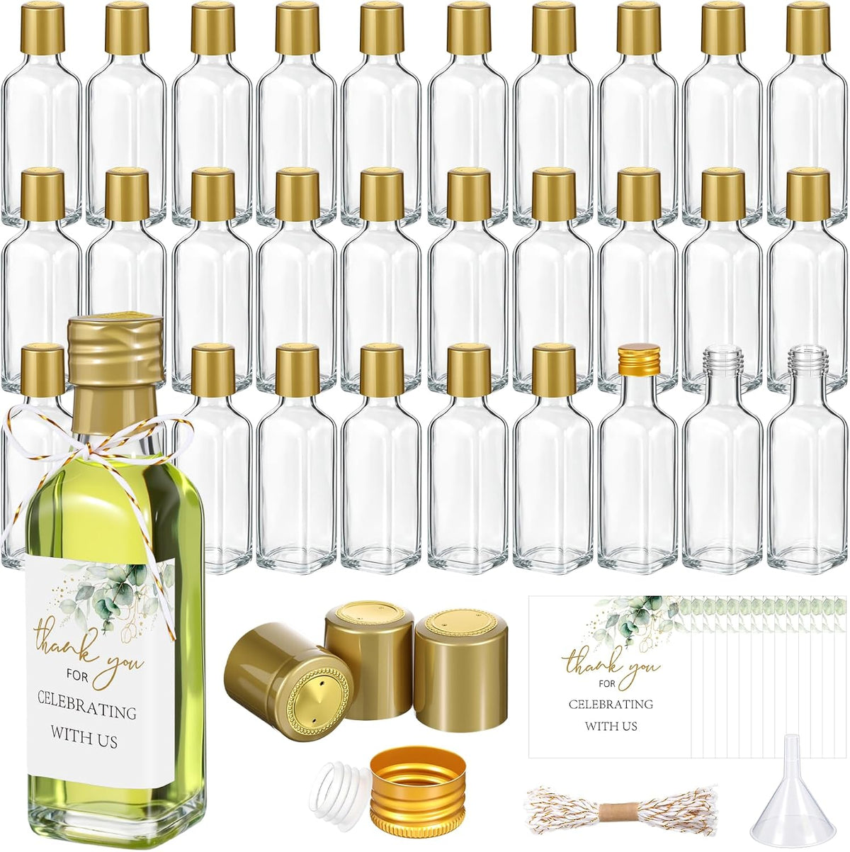 FALTAN 4 BOTELLAS Y NO TRAEN TAPA. Set de 30 Mini Botellas de Vidrio Reallnaive para Aceite de Oliva 3 oz | Tapa de Rosca Dorada Antiderrame | Recuerdos de Boda con Stickers de Agradecimiento