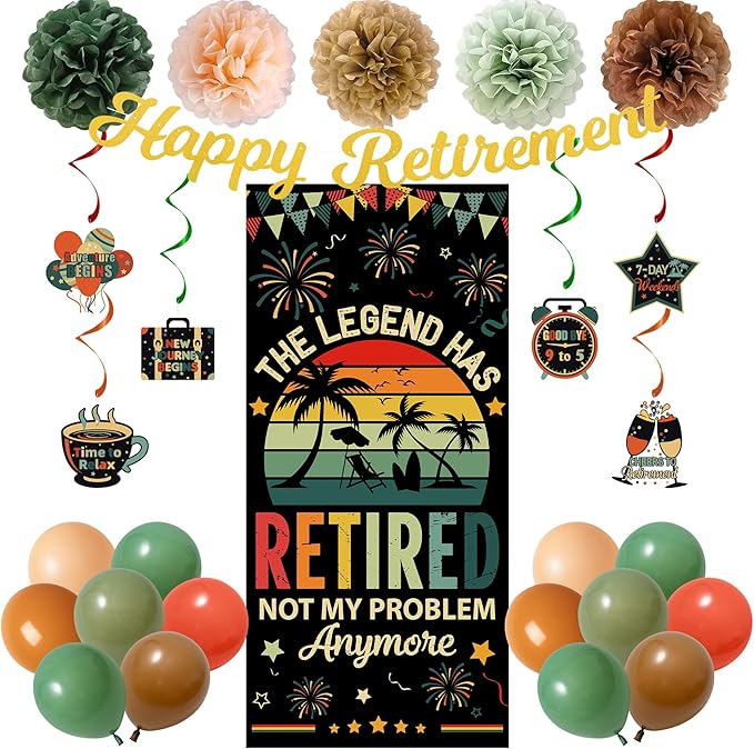 Kit de Decoración para Fiesta de Jubilación – Conjunto Vintage Colorido con Banner, Globos y Pompones