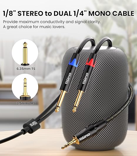 Tisino - Cable TRS estéreo de 1/8" a dual TS mono con divisor en Y de 1/4", cable estéreo con miniconector auxiliar de 3.5 mm a conector de 6.35 mm, 1 metro de longitud
