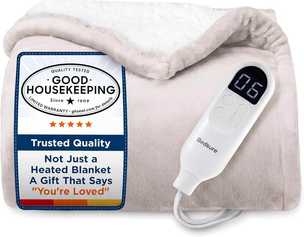 Bedsure Heated Blanket Throw Blanket - Fast Heating Electric Blanket, Soft Flannel Heated Throw with 4 Time Settings, 6 Heating Settings, Warm Gifts for Grandma (50x60 inches, Cream)