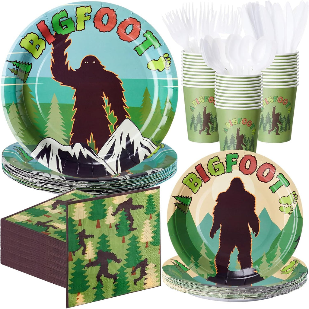 Set Decoración Cumpleaños Bigfoot 120 Piezas Para 24 | Platos, Vasos, Servilletas, Tenedores y Decoración Sasquatch