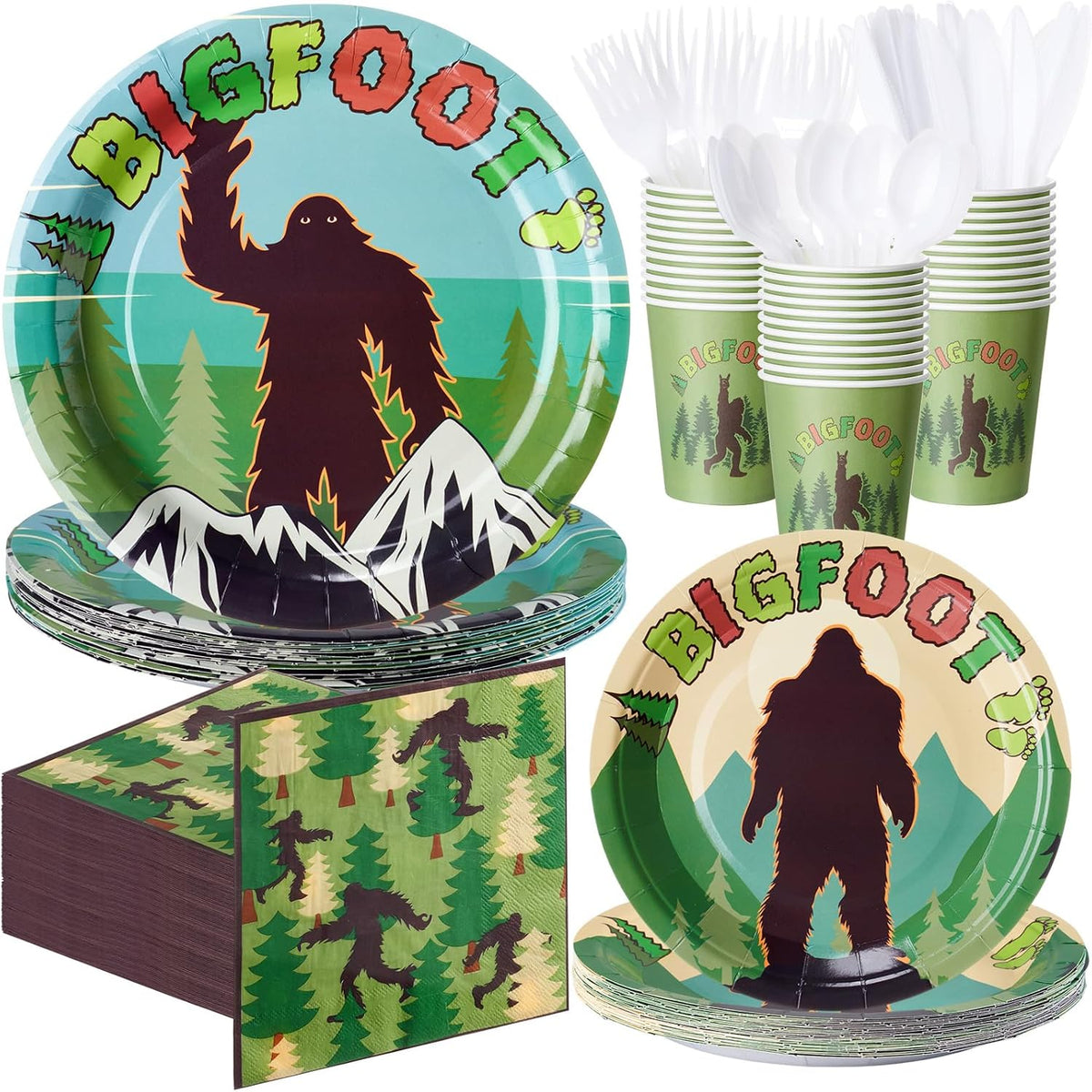 Set Decoración Cumpleaños Bigfoot 120 Piezas Para 24 | Platos, Vasos, Servilletas, Tenedores y Decoración Sasquatch