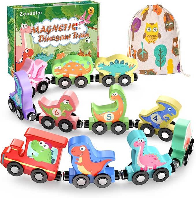 Zeoddler Juguetes para niños pequeños, conjunto de 11 trenes magnéticos de madera con dinosaurios, juguetes Montessori para niños pequeños, material educativo preescolar para niños