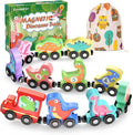 Zeoddler Juguetes para niños pequeños, conjunto de 11 trenes magnéticos de madera con dinosaurios, juguetes Montessori para niños pequeños, material educativo preescolar para niños