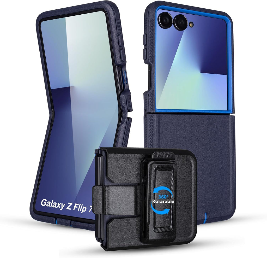 Funda para Samsung Galaxy Z Flip 7 con clip para cinturón, 2 capas de material resistente, antigolpes y antiarañazos, color azul.