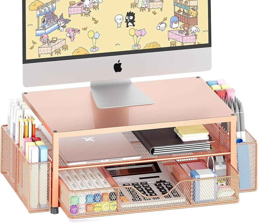 OPNICE Desk Organizers and Accessories, 2-Tier Computer Monitor Stand with Drawer and 2 Pen Holders, Laptop Stand, Office Desk Accessories for Office Supplies, Rose Gold