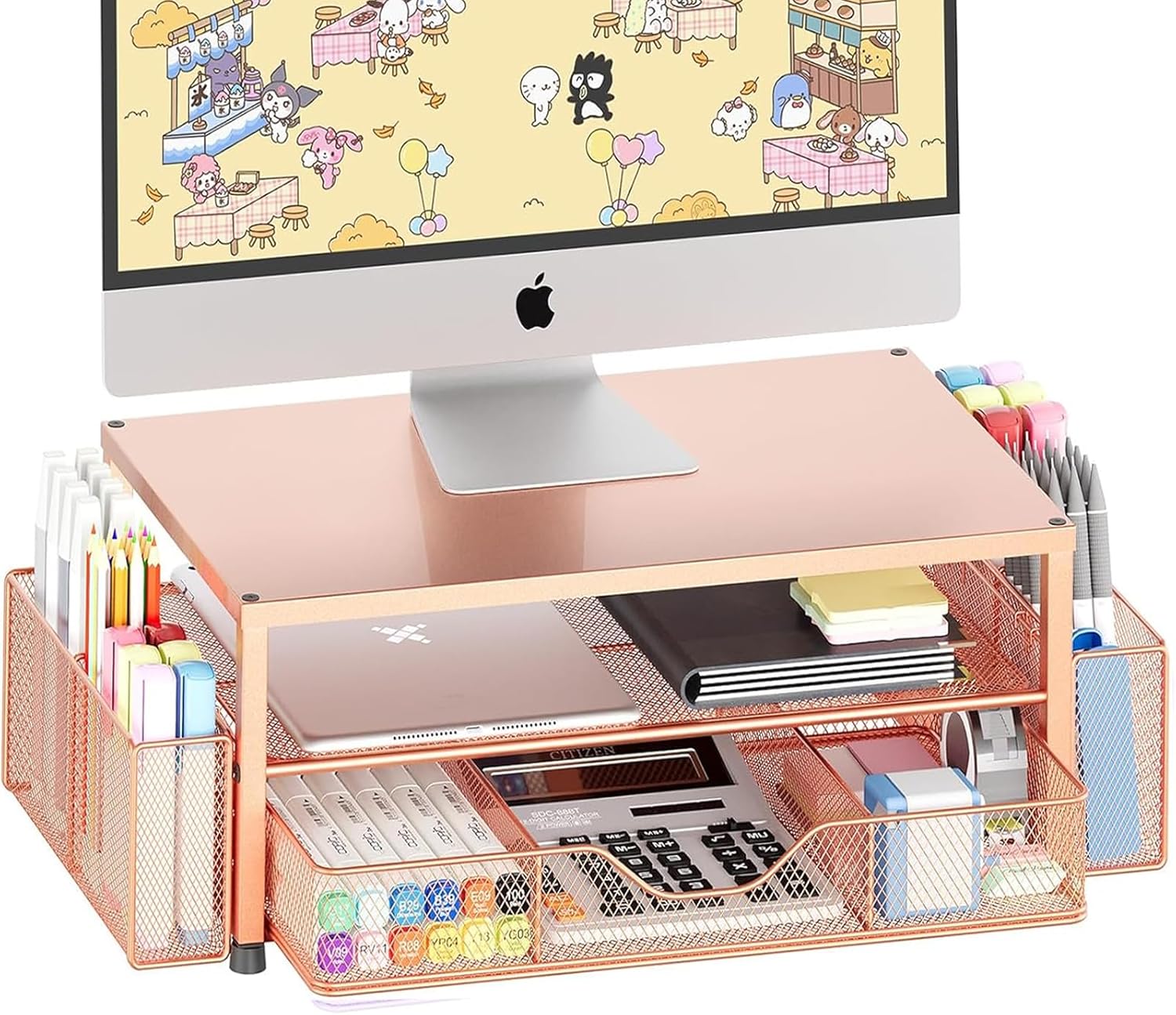 OPNICE Desk Organizers and Accessories, 2-Tier Computer Monitor Stand with Drawer and 2 Pen Holders, Laptop Stand, Office Desk Accessories for Office Supplies, Rose Gold