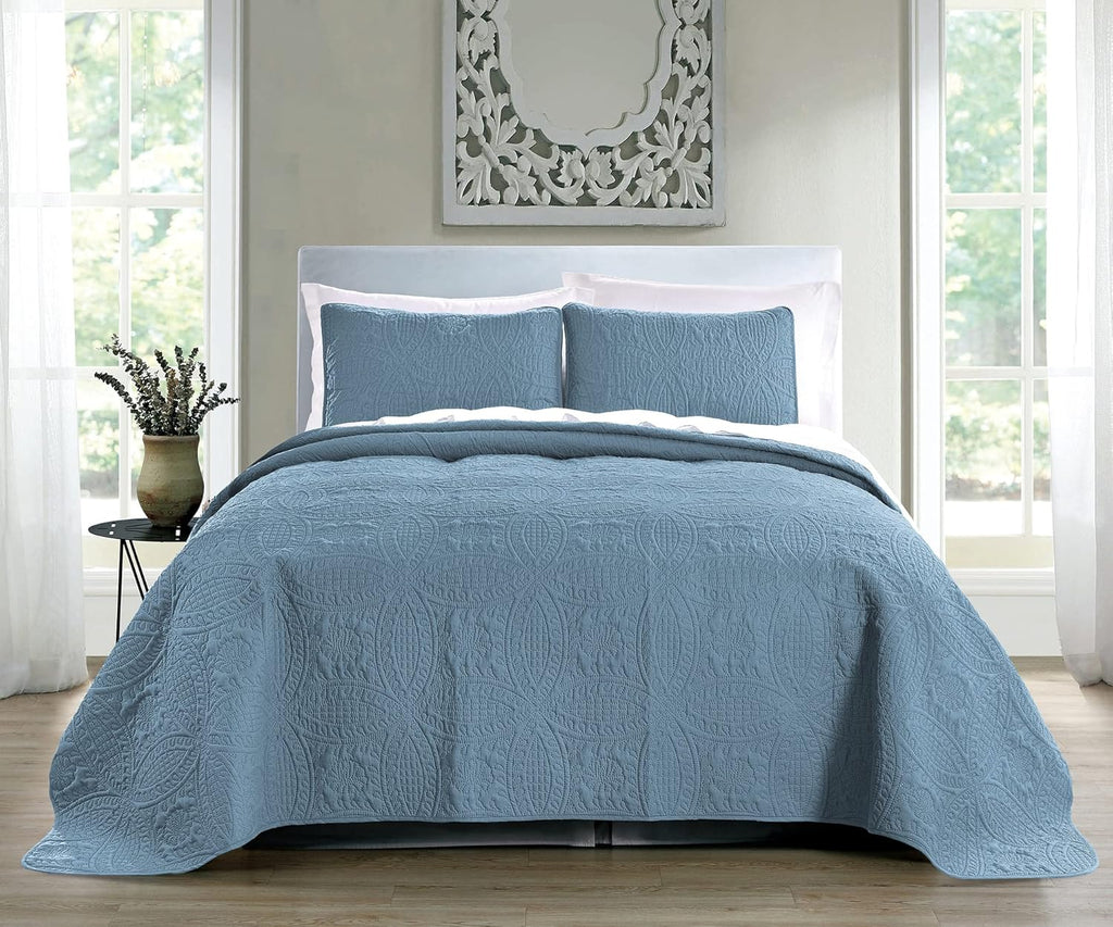 Quilt Colcha King Size Azul Ceniza — Solo Quilt, SIN Fundas de Almohada, Microfibra Suave Patrón Geométrico