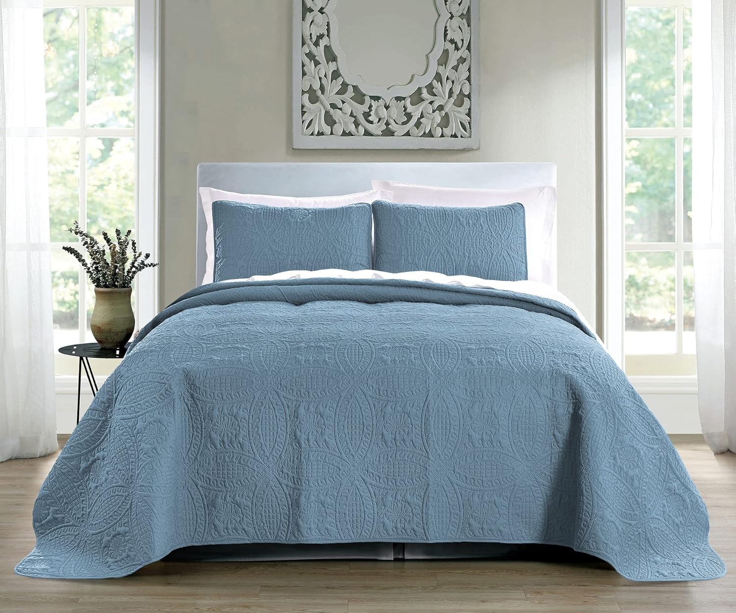 Quilt Colcha King Size Azul Ceniza — Solo Quilt, SIN Fundas de Almohada, Microfibra Suave Patrón Geométrico