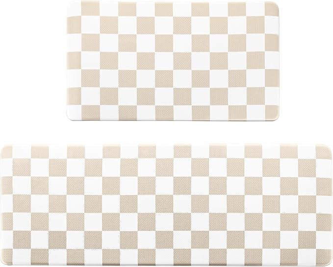 Juego de alfombras de cocina a cuadros color crema [2 piezas], antifatiga, impermeables, antideslizantes, de espuma ergonómica de alta resistencia para suelo, hogar y lavandería