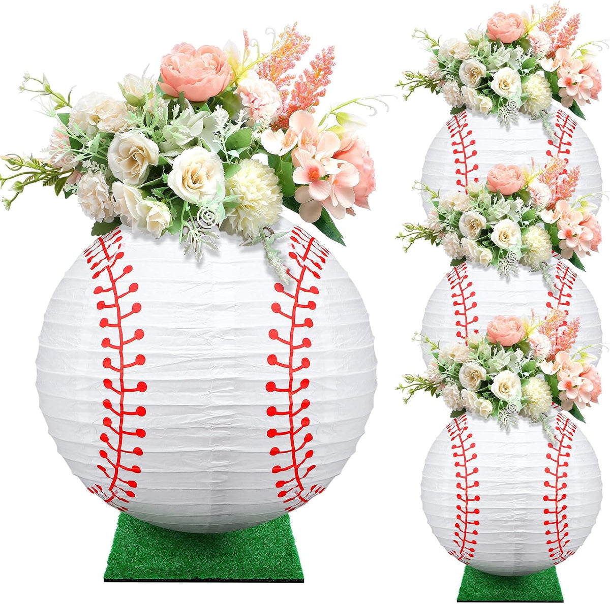 Decoración Pieza Central Mesa Rossesay 4 Piezas Juego Farol Papel con 4 Piezas Cuadrados Pasto Farol Juego Deportes Parche Pasto Falso Tepe Decoración Mesa Pasto Falso Suministros Fiesta Cumpleaños Béisbol