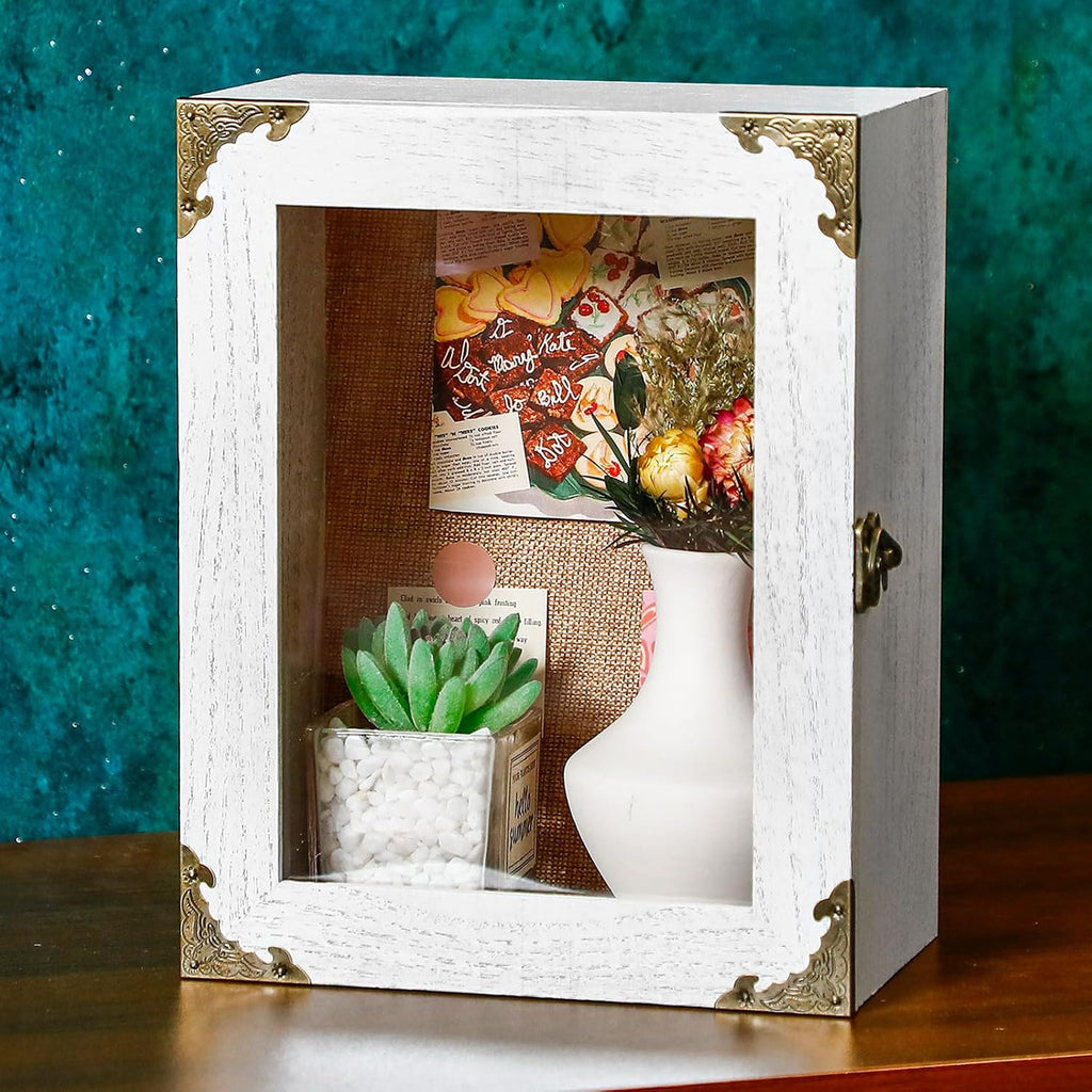 Caja Expositora Cinnvoice 8x10" | Madera Rústica Quemada Blanca | Respaldo de Corcho | 4.7" Profundidad | Flores Fotos Boda Recuerdos | 1 Unidad
