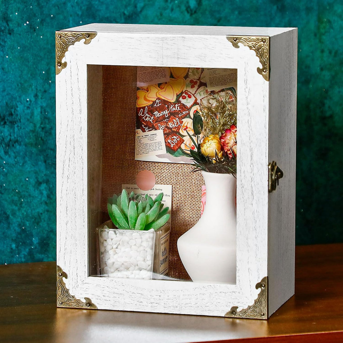 Caja Expositora Cinnvoice 8x10" | Madera Rústica Quemada Blanca | Respaldo de Corcho | 4.7" Profundidad | Flores Fotos Boda Recuerdos | 1 Unidad