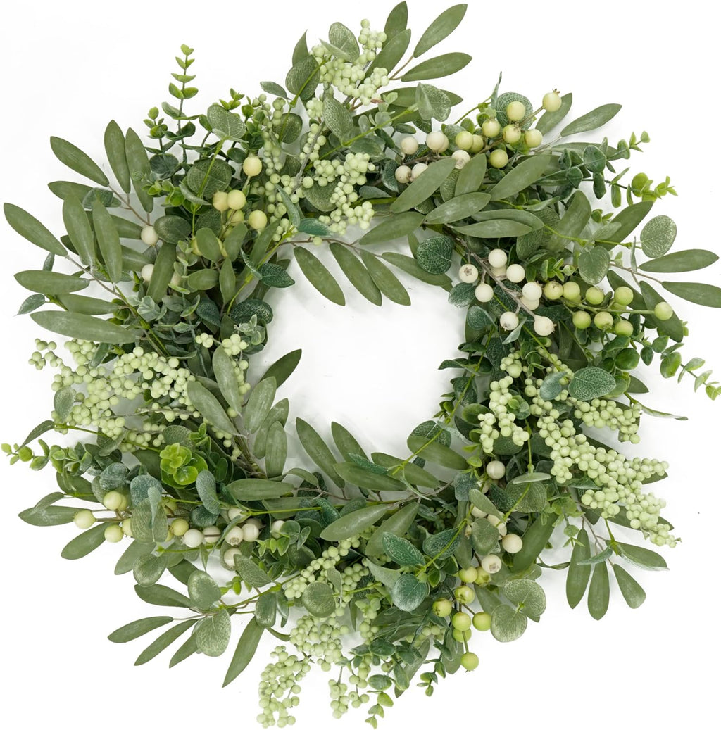 Coronas de eucalipto verde AMF0RESJ para puerta principal, corona de primavera/verano con hojas de eucalipto, hojas de olivo y bayas mixtas para decoración de interiores y exteriores, estilo rústico, porche, pared, ventana, festivales y bodas.