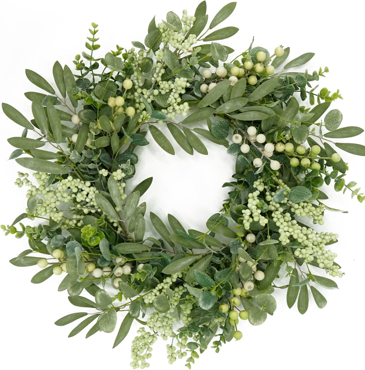 Coronas de eucalipto verde AMF0RESJ para puerta principal, corona de primavera/verano con hojas de eucalipto, hojas de olivo y bayas mixtas para decoración de interiores y exteriores, estilo rústico, porche, pared, ventana, festivales y bodas.