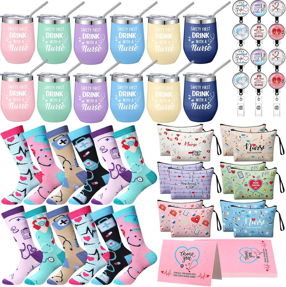 Regalos para Semana de Enfermería Tioncy (60 Pzs) 2026 | Incluye Vaso de Acero 12oz, Cosmetiquera, Yoyo de Gafete y Calcetines | Para Mujeres | Agradecimiento a Enfermeras