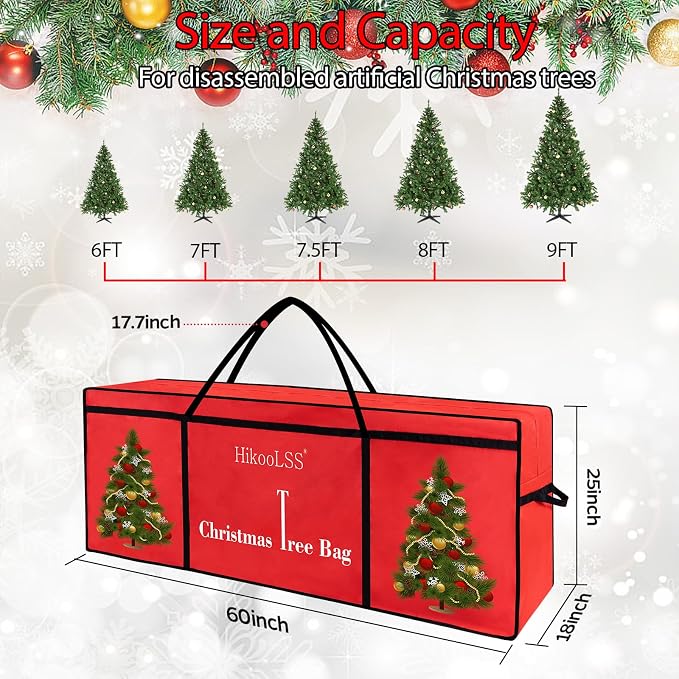 Bolsa de Almacenamiento Para árbol de Navidad de 7.5 pies, Grande y Resistente de Tela 600D Oxford, Reutilizable, a Prueba de polvo y Rasgaduras Para árbol de Navidad Artificial Color Rojo(60X18X25in