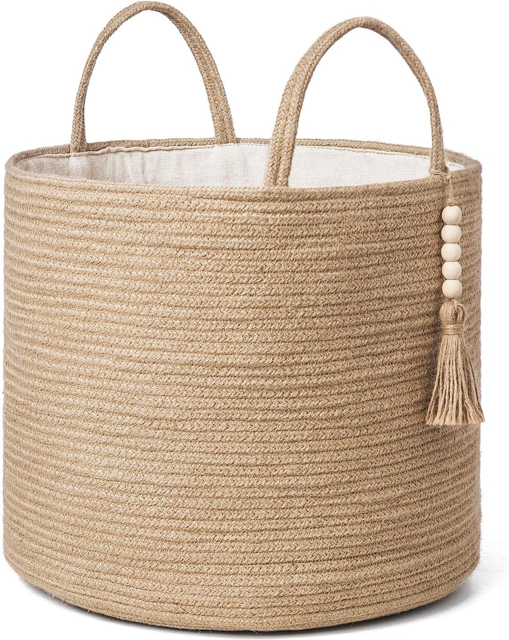 Mkono Canasta Tejida Decorativa de Cuerda Natural | Cesta con Cuentas de Madera y Asas | Organizador para Mantas, Juguetes y Ropa | Yute, 16 Ancho x 13.8 Largo