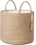 Mkono Canasta Tejida Decorativa de Cuerda Natural | Cesta con Cuentas de Madera y Asas | Organizador para Mantas, Juguetes y Ropa | Yute, 16 Ancho x 13.8 Largo