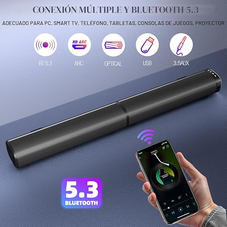 Barra de Sonido Puriom 100W 2 en 1 para Smart TV – Bluetooth 5.3, ARC/Óptico/AUX, Efecto Bass, para TV, PC y Proyectores