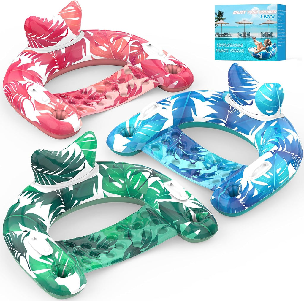 Flotadores Inflables para Piscina KEUCL x3 – Sillas con Portavasos y Asas para Adultos y Niños en Piscina, Lago y Río
