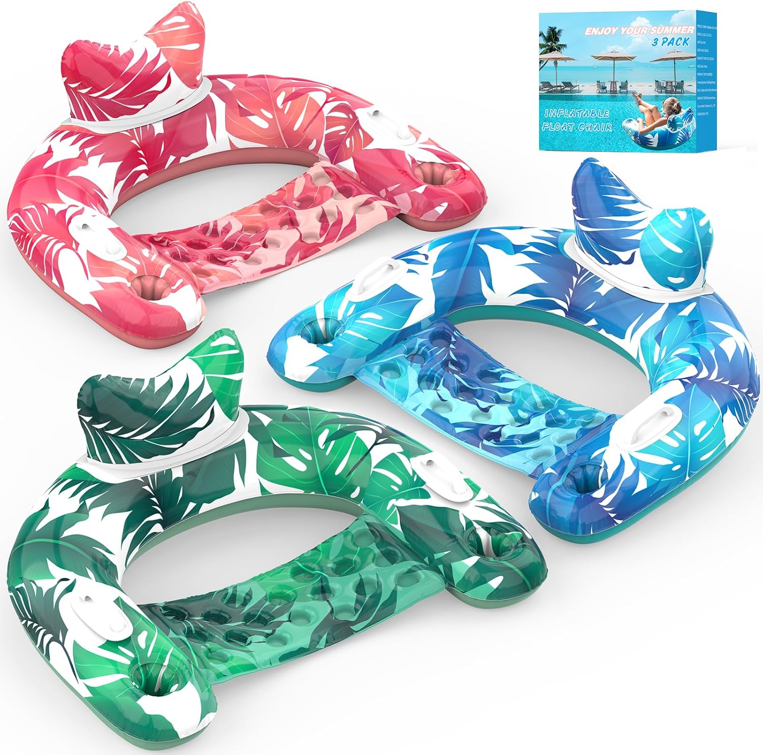 Flotadores Inflables para Piscina KEUCL x3 – Sillas con Portavasos y Asas para Adultos y Niños en Piscina, Lago y Río