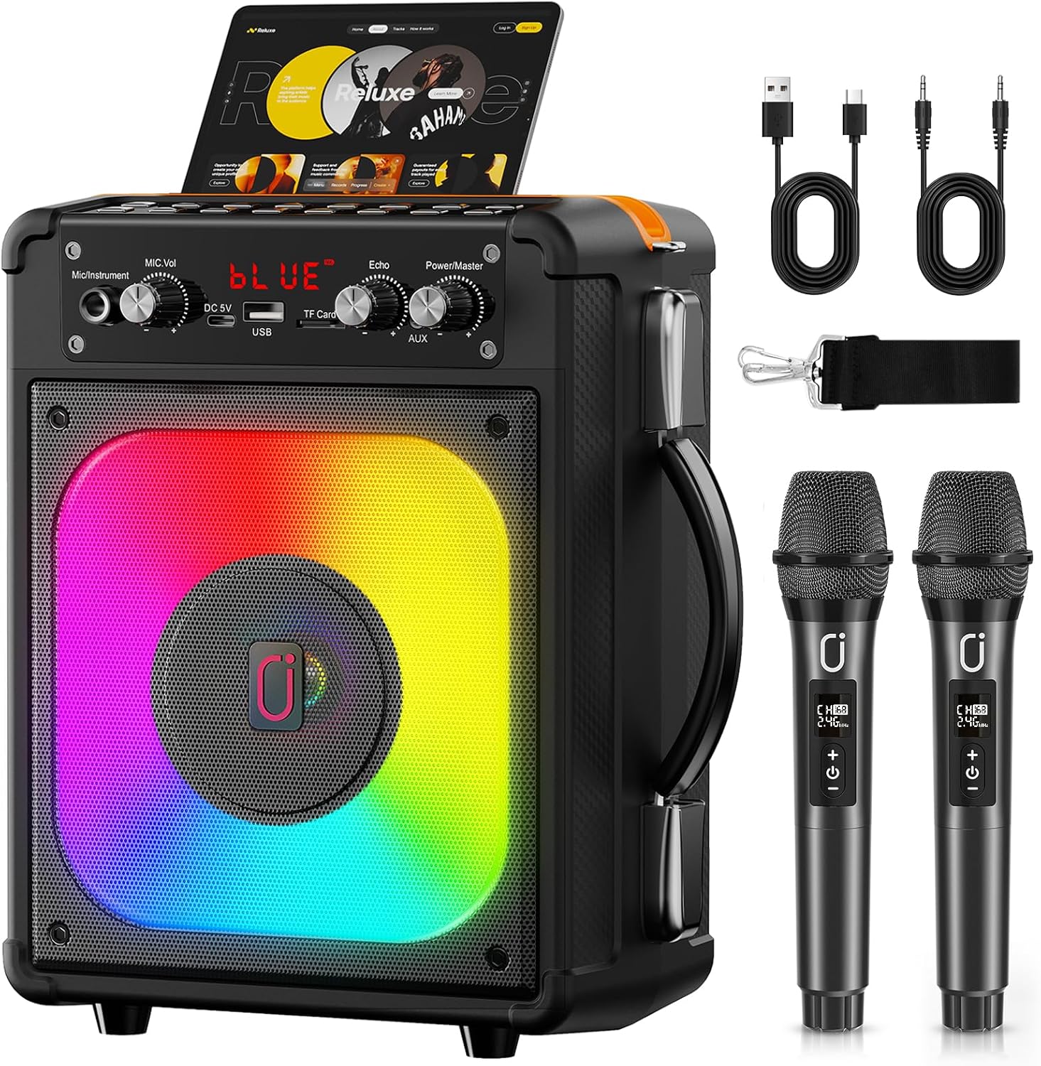 Máquina de Karaoke Portátil TX06 | 2 Micrófonos Inalámbricos, Subwoofer, RGB, TWS y 12H de Batería