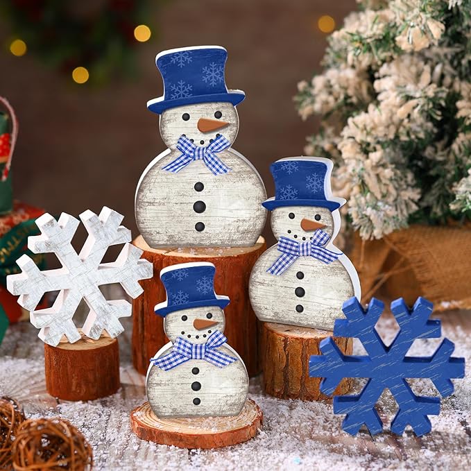 Yousoontic 5 piezas de decoración de mesa de invierno, muñeco de nieve de madera, muñeco de nieve azul y blanco, copo de nieve, bandeja escalonada, decoración de mesa de Navidad, centro de mesa