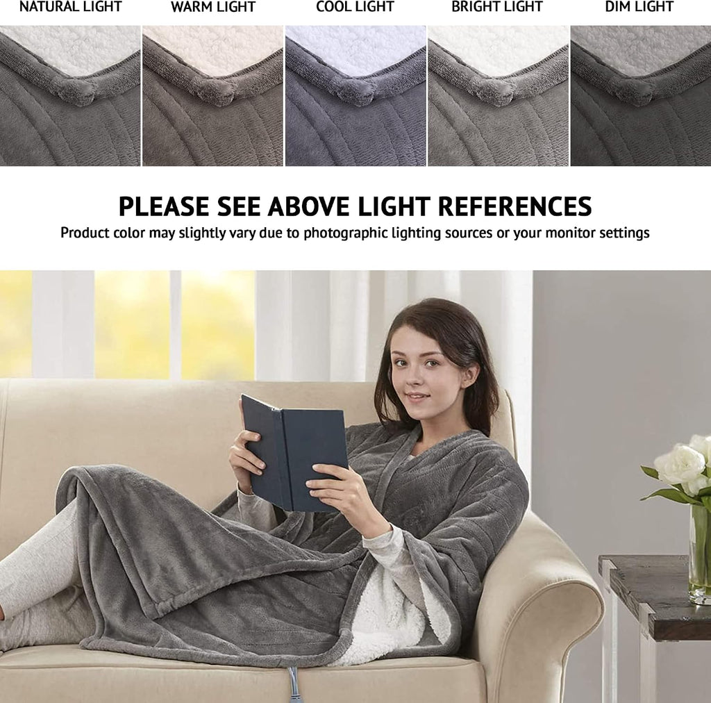 Poncho Manta Eléctrica Beautyrest — Sherpa Ultra Suave con 3 Niveles de Calor, Apagado Automático 2h — 50x64'' Gris
