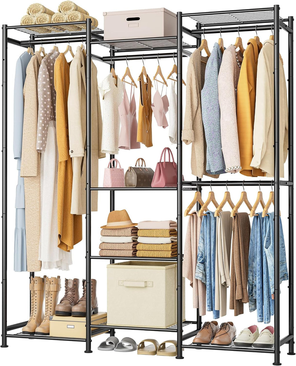 Armario HOMIDEC, 4 espacios para colgar ropa, perchero portátil, organizador de armario independiente y sistema de almacenamiento con barras para colgar ropa, perchero adecuado para vestidor, dormitorio, entradas, etc. Negro
