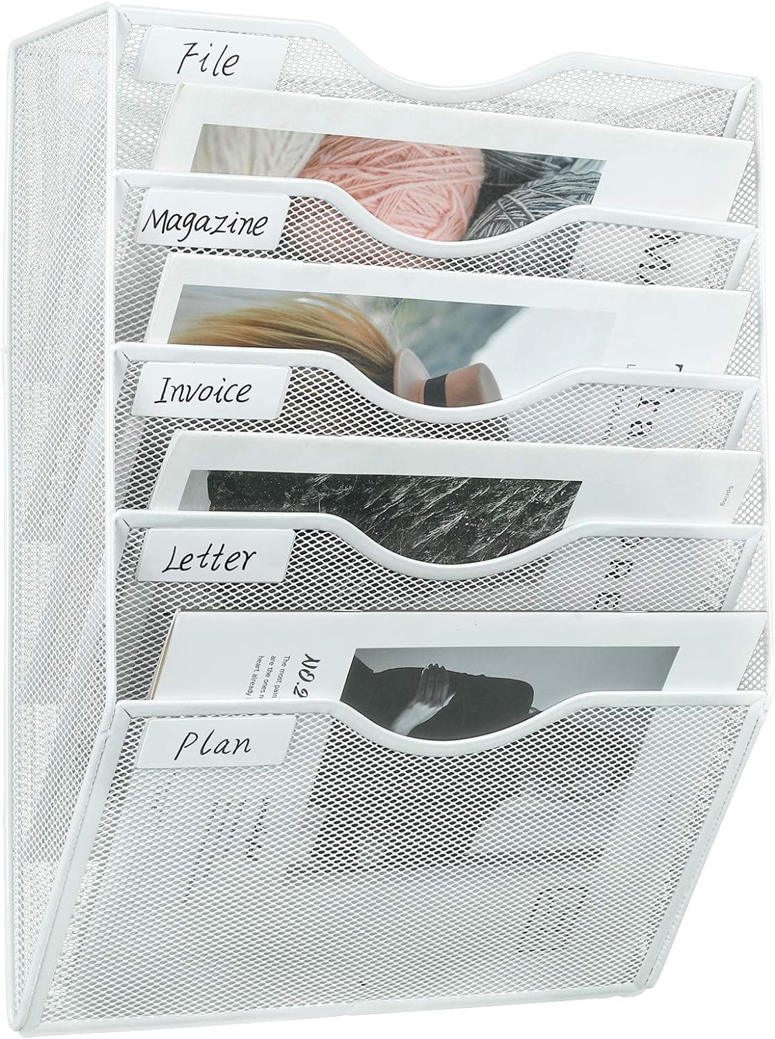 PAG Hanging Wall File Holder Mail Organizer Wall Mount Document Letter Rack, 5-Tier, White