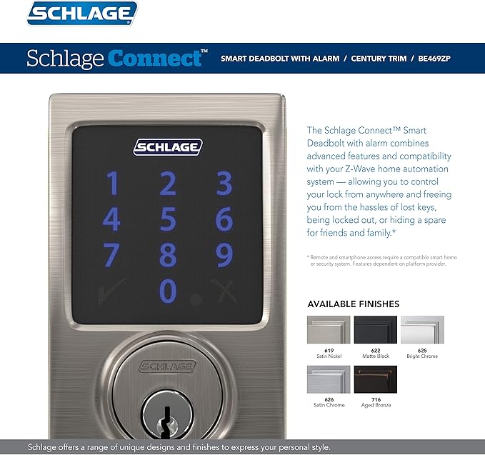 Schlage Connect BE469ZP CEN 619 - Cerradura de seguridad inteligente con alarma incorporada, moldura Century en níquel satinado