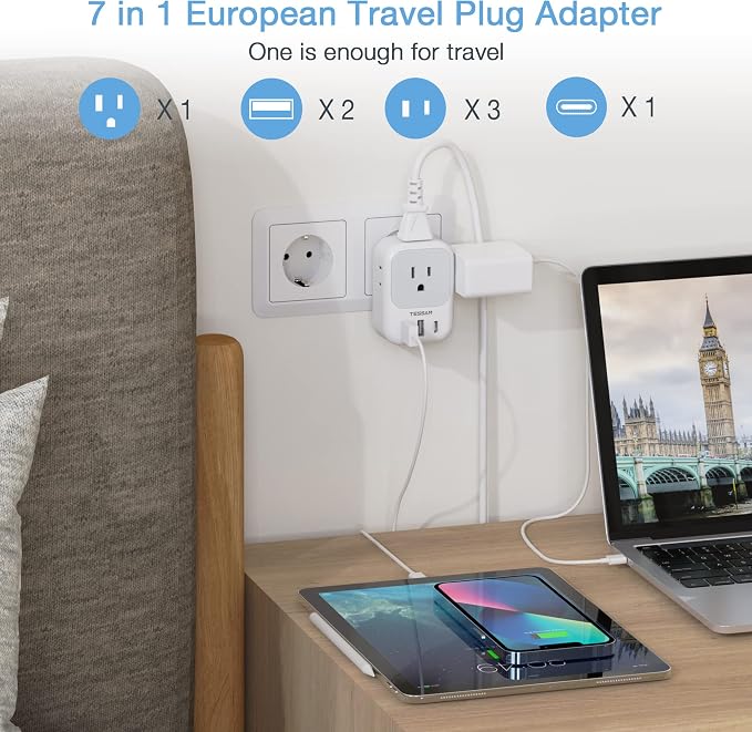 TESSAN Adaptador de enchufe de viaje europeo con 4 AC 3 USB (1 USB C PD 20W), enchufe plegable tipo C, para EE. UU. a la mayoría de la UE