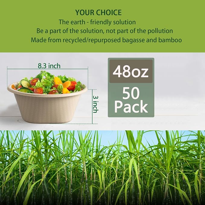 Tazones desechables para ensalada Homestockplus de 48 oz - Tazones resistentes y compostables - Fabricados con fibra de caña de azúcar 100%