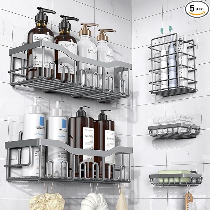 Organizador de Ducha EUDELE Pack x5 — Acero Inoxidable Antioxidante, Sin Taladro, Talla XL