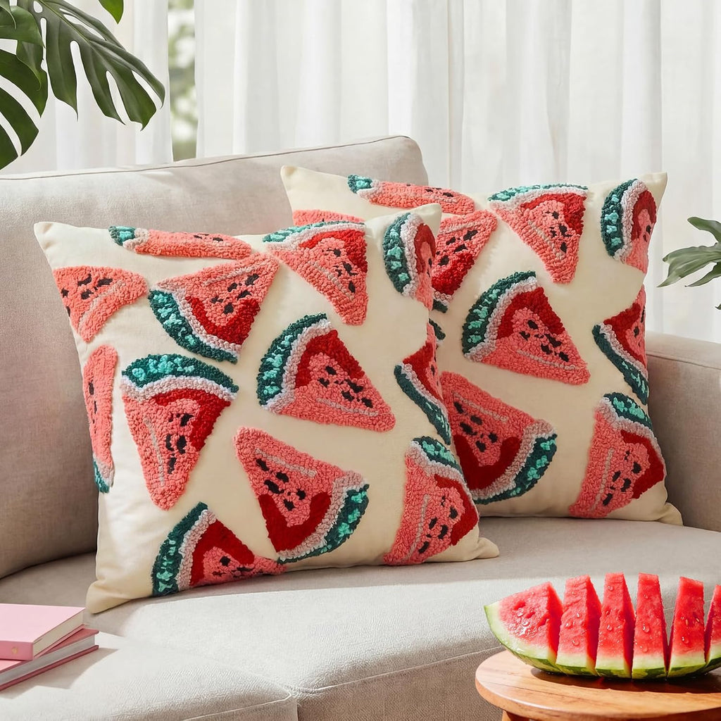 Tranqun 2 Fundas de Cojin de Sandia 18x18 Pulgadas | Fundas Decorativas de Verano con Bordado 3D | para Sala, Sofa y Cama Decoracion Primavera-Verano