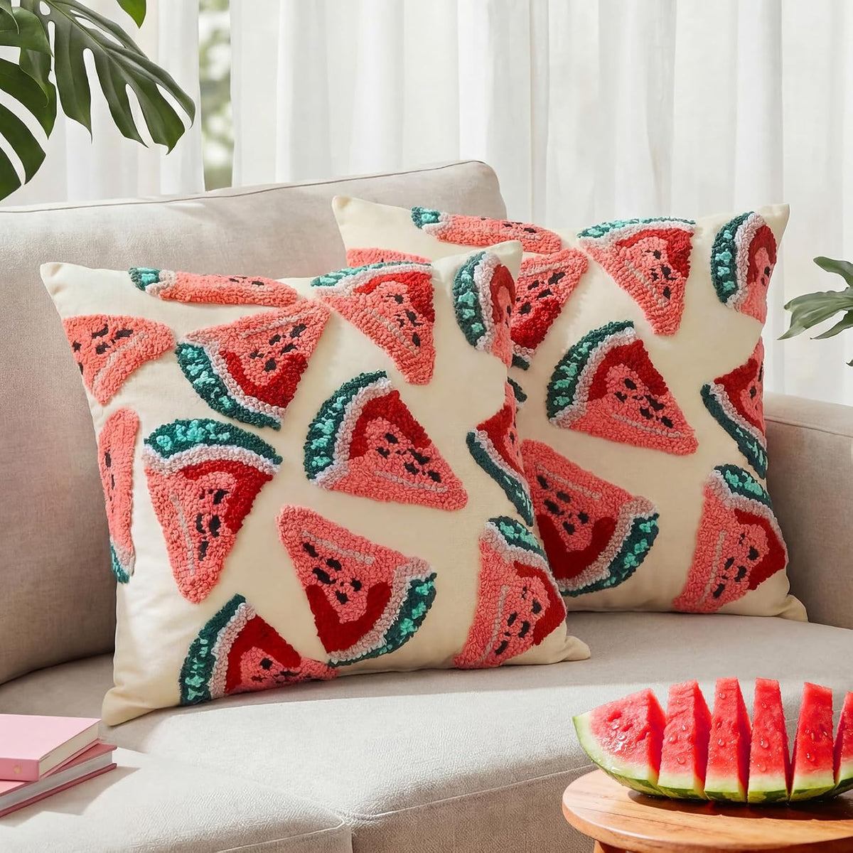 Tranqun 2 Fundas de Cojin de Sandia 18x18 Pulgadas | Fundas Decorativas de Verano con Bordado 3D | para Sala, Sofa y Cama Decoracion Primavera-Verano