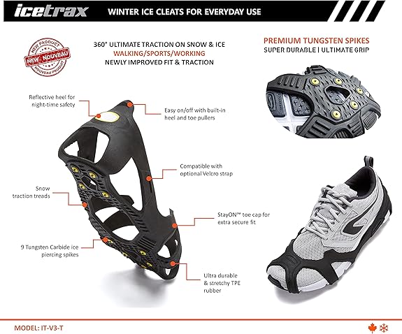 Crampones ICETRAX V3 de Tungsteno, Tacos de Hielo para Zapatos y Botas - Agarres de Hielo para Nieve y Hielo, Agarres Antideslizantes para Zapatos con Talón Reflectante