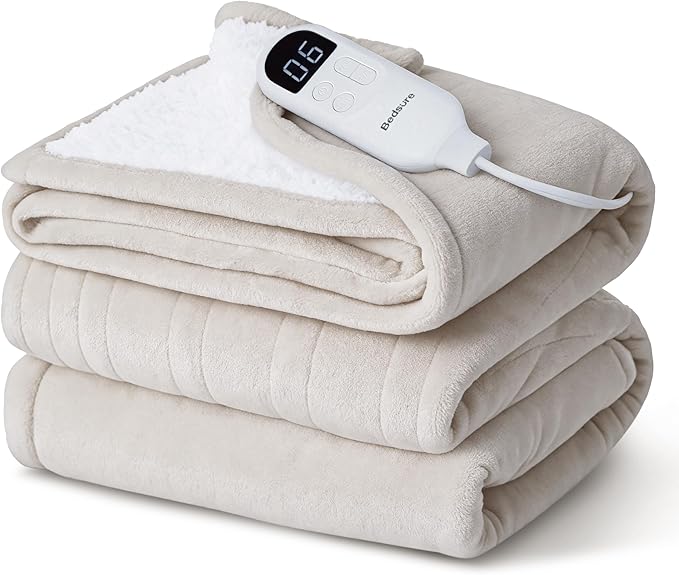 Bedsure Manta eléctrica individual – Manta térmica de franela suave, calentamiento rápido con 10 ajustes de tiempo y 6 ajustes de calor, regalo cálido para la abuela (62 x 84 pulgadas, crema)