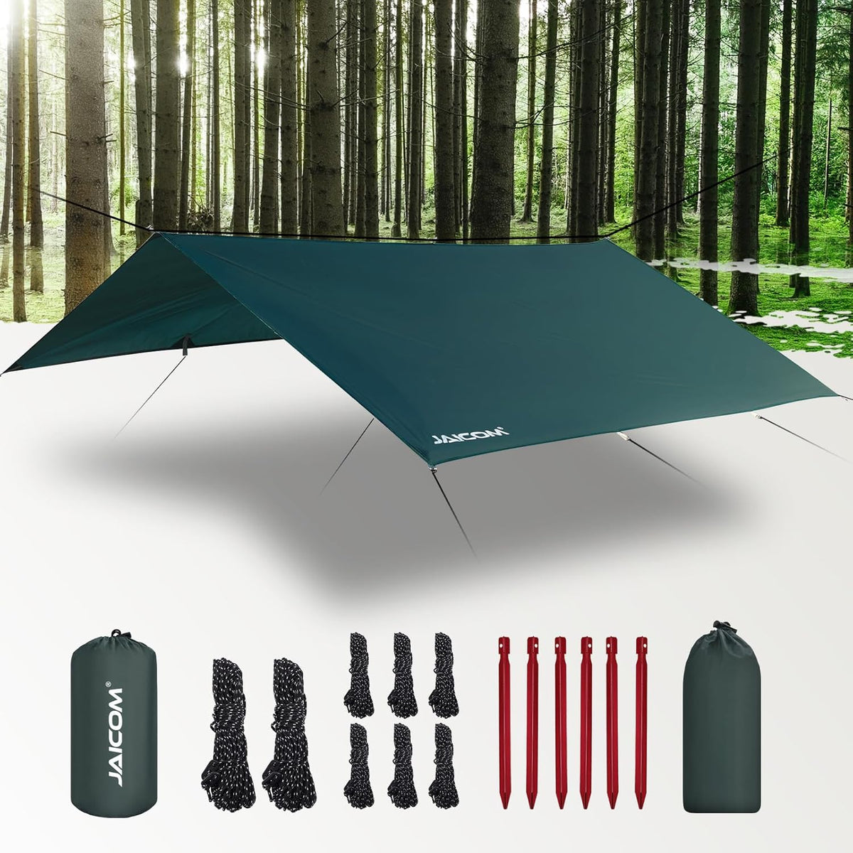 FALTAN LAS CUERDAS PEQUEÑAS-Lona de Camping Impermeable JAICOM 10x10 pies | Toldo Antilluvia para Hamaca | Ultraligera con Proteccion UV para Senderismo y Aventura