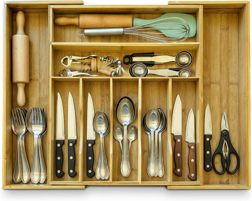 Organizador de cajones de bambú EXPORICA | Organizador expandible para cubiertos y utensilios de cocina | Bandeja para cubiertos con separadores ajustables | Cajón de madera para cuchillos, cucharas y tenedores | Bambú natural