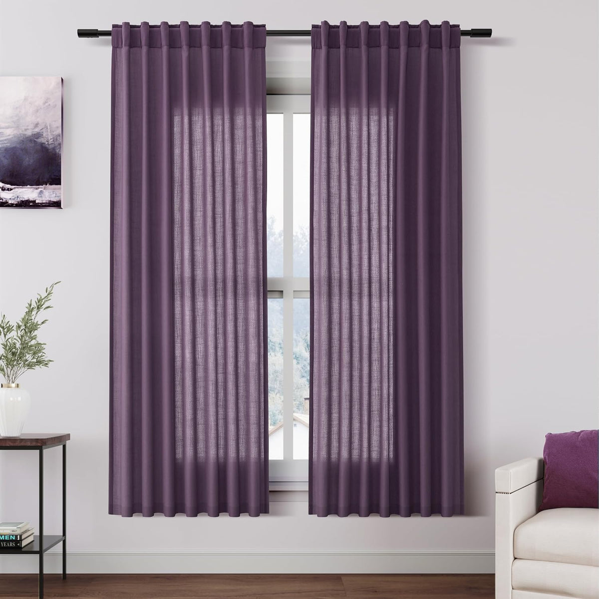Cortinas de lino color ciruela para sala de estar, 63 pulgadas de largo, juego de 2 paneles, cortinas de lino que filtran la luz para ventanas de cocina, bolsillo para barra, trabillas traseras, cortina corta transparente, decoración rústica de granja