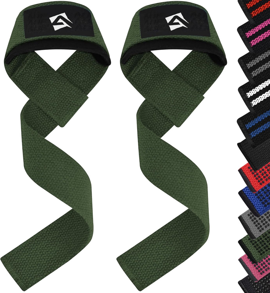 Correas de muñeca AQF para levantamiento de pesas, powerlifting y peso muerto. Correas de algodón acolchadas con neopreno de 23 pulgadas para entrenamiento de fuerza y ejercicios en el gimnasio. Máximo soporte de agarre para hombres y mujeres.