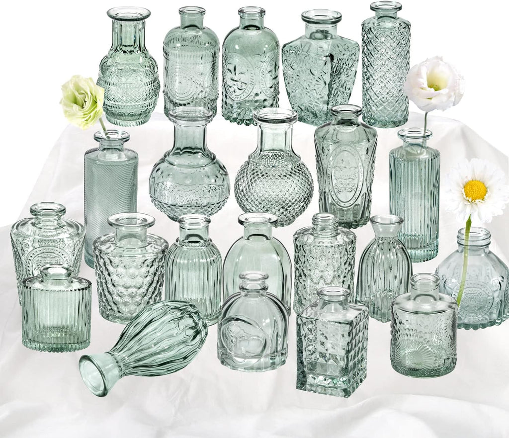 Set de 22 Floreros de Vidrio Verde | Pequenos Bud Vases para Flores, Centros de Mesa, Estilo Vintage Rustico