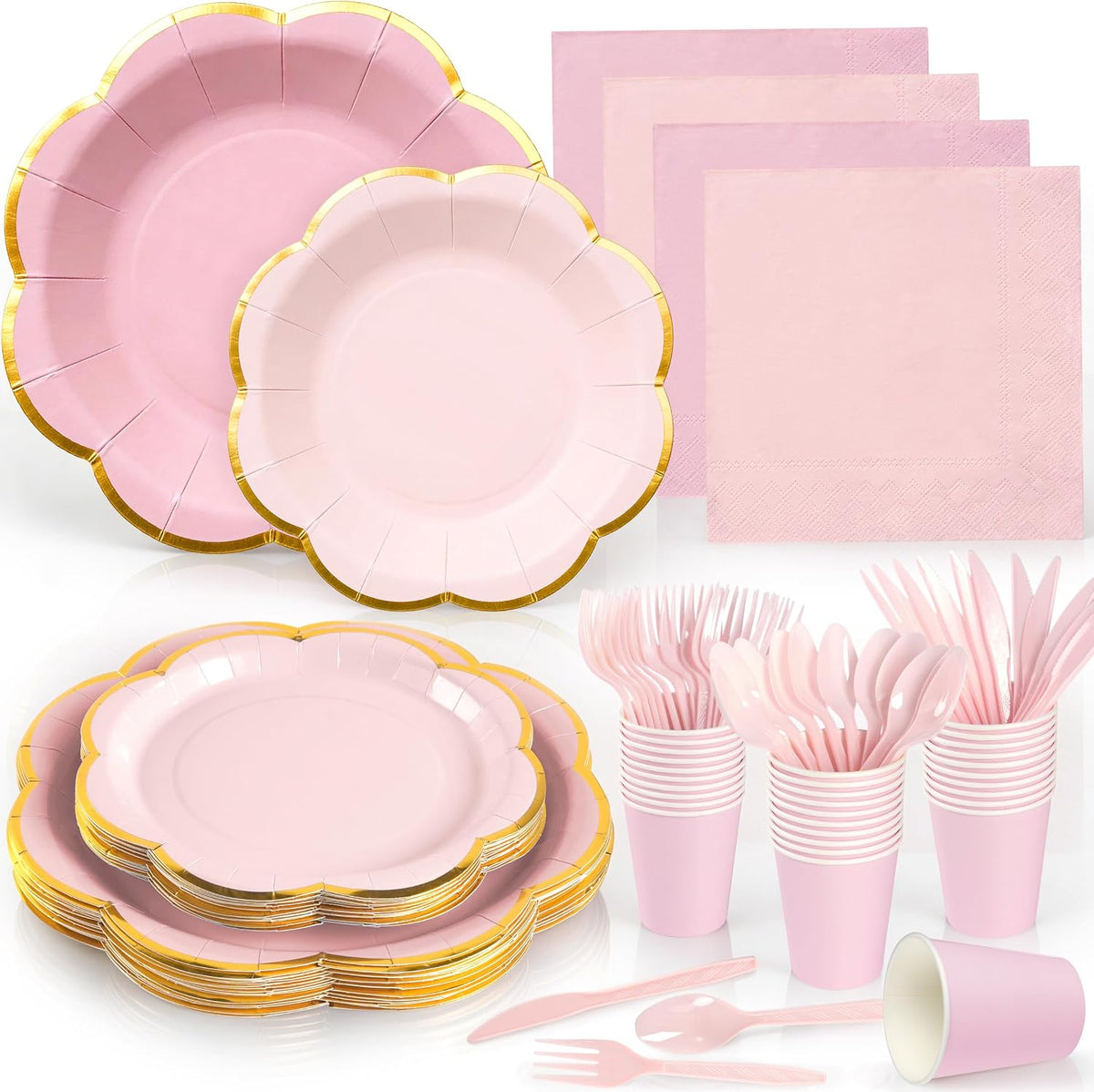 Platos y servilletas de papel rosas para fiestas de 24 invitados, 168 piezas. Plato rosa festoneado para fiesta del Día de la Madre con borde dorado. Juego de platos desechables rosas para fiestas de cumpleaños de niñas