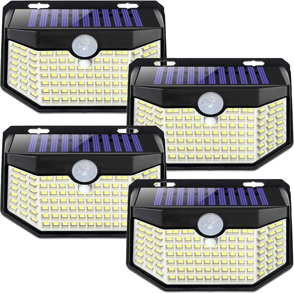 HMCITY Luces Solares de Exterior 120 LED | 3 Modos de Iluminacion con Sensor de Movimiento | Impermeable IP65 | Luces Solares de Pared para Jardin y Deck | 4 Piezas, Botón Frontal, Carcasa Negra, Luz Blanca