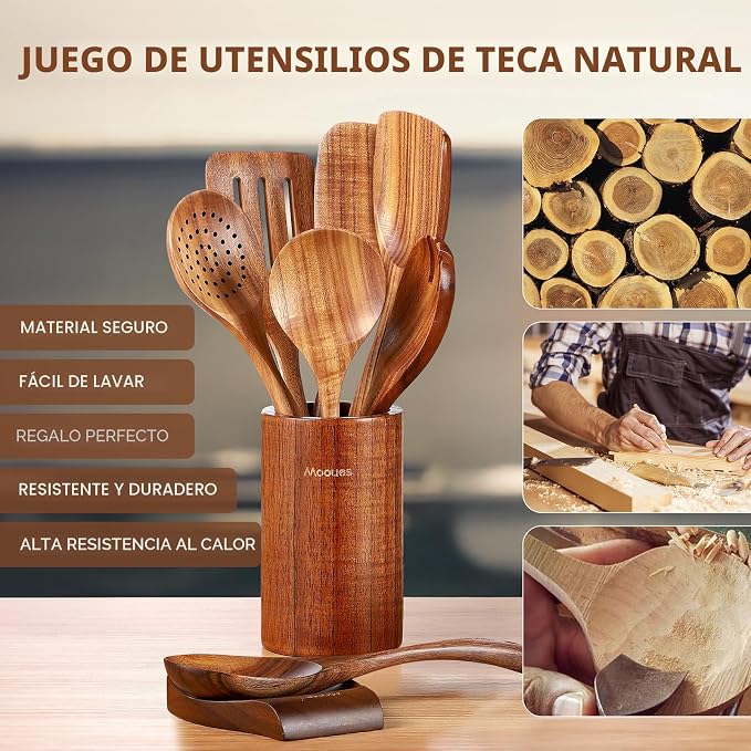 Set 9 Utensilios de Cocina Mooues de Madera de Teca Natural — Con Soporte para Cuchara, Agarre Cómodo