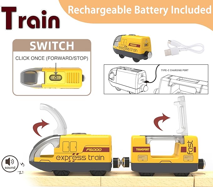 Tren a pilas para pista de madera, juego de tren eléctrico que incluye locomotora de control remoto y túnel de tren, juguete de tren motorizado para niños pequeños